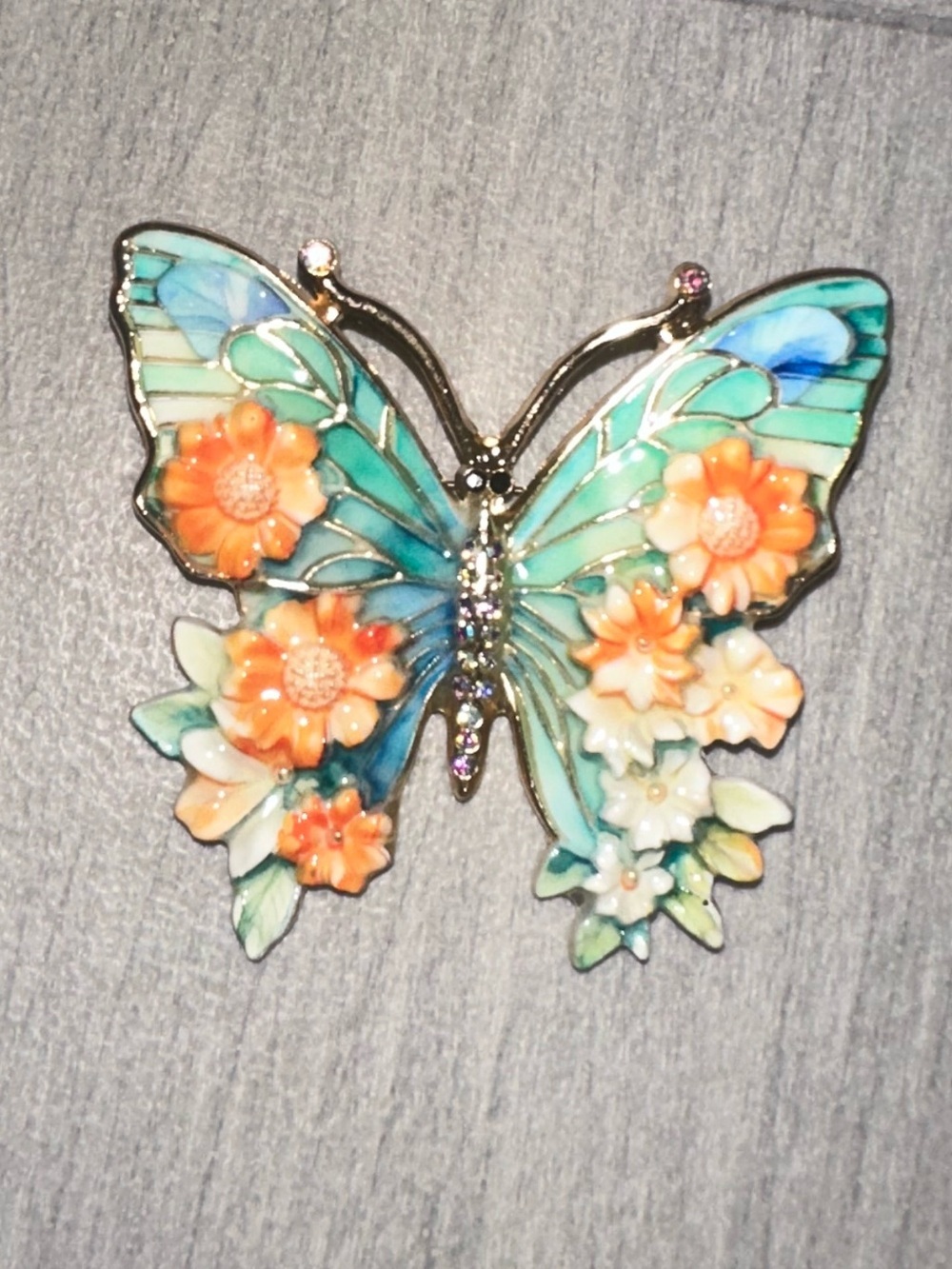 New Luxury Anthropologie Turquoise & Coral Floral Butterfly Brooch